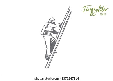 Firefighter, fire, rescue, danger, stairs concept. Hand drawn firefighter climbs the stairs concept sketch. Isolated vector illustration.