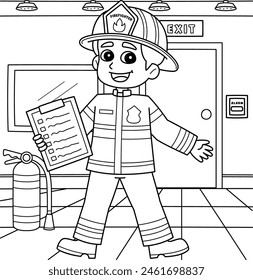 Firefighter with a Fire Safety Checklist Coloring 