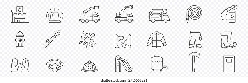 Conjunto de ícones de segurança contra incêndio e bombeiro - símbolos de contorno editáveis de posto de fogo, caminhão, mangueira, hidrante, uniforme, capacete e extintor