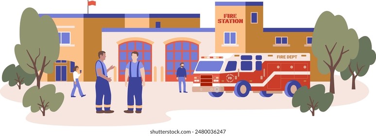 Firefighter and fire station concept. Fire dept building, truck and fireman color vector illustration isolated on white background. Department and rescue vehicle flat cartoon graphics.