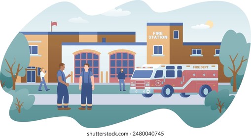 Concepto de bombero y estación de bomberos. Edificio del departamento de bomberos, camión y bombero color Ilustración vectorial aislado sobre fondo blanco. Gráficos planos de dibujos animados de vehículos de departamento y rescate.