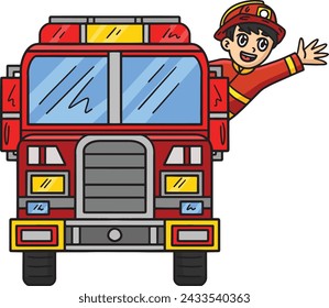 Firefighter with a Fire Truck Cartoon Clipart 