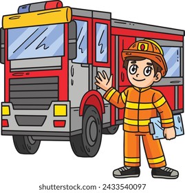 Firefighter and Fire Truck Cartoon Colored Clipart
