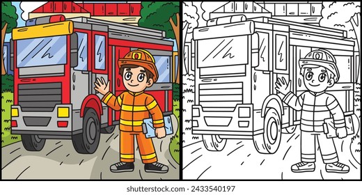 Firefighter and Fire Truck Coloring Illustration