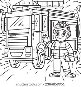 Firefighter and Fire Truck Coloring Page for Kids