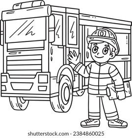 Firefighter and Fire Truck Isolated Coloring Page