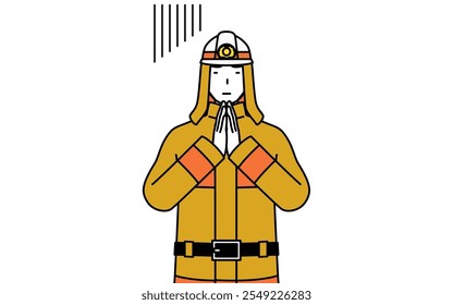 Firefighter in fire uniform apologizing with his hands in front of his body, Vector Illustration