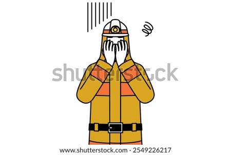 Firefighter in fire uniform covering his face in depression, Vector Illustration