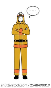 Firefighter in fire uniform with crossed arms, deep in thought, Vector Illustration