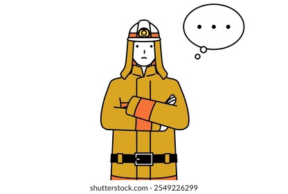 Firefighter in fire uniform with crossed arms, deep in thought, Vector Illustration