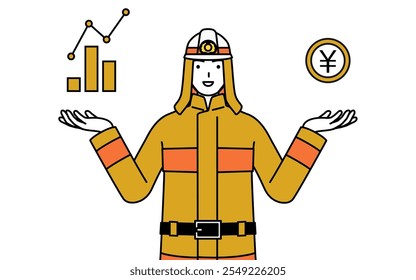 Firefighter in fire uniform guiding an image of DX, performance and sales improvement, Vector Illustration
