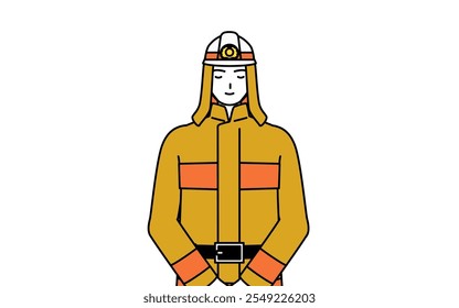 Firefighter in fire uniform with hands on top of each other in front of their bodies, Vector Illustration