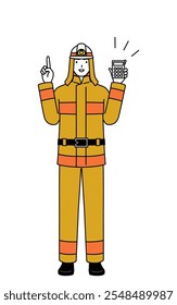 Firefighter in fire uniform holding a calculator and pointing, Vector Illustration