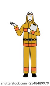 Bombero con uniforme de bomberos sosteniendo un Portapapeles y extendiendo la mano, Ilustración vectorial