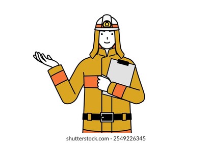 Bombero con uniforme de bomberos sosteniendo un Portapapeles y extendiendo la mano, Ilustración vectorial