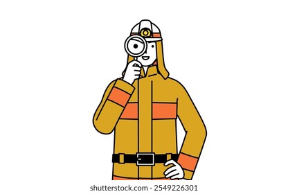 Firefighter in fire uniform holding a magnifying glass and placing his hand on his hip, Vector Illustration