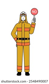 Bombero con uniforme de bomberos sosteniendo una pancarta con una X que indica una respuesta incorrecta, Ilustración vectorial