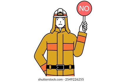 Bombero con uniforme de bomberos sosteniendo una pancarta con una X que indica una respuesta incorrecta, Ilustración vectorial