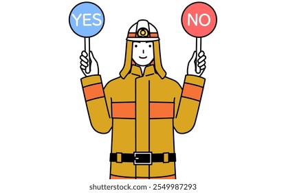 Bombero con uniforme de bomberos sosteniendo una pancarta que indica respuestas correctas e incorrectas, Ilustración vectorial