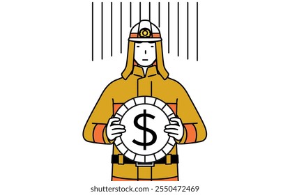 Firefighter in fire uniform an image of exchange loss or dollar depreciation, Vector Illustration