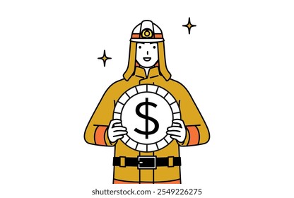 Feuerwehrmann in Feueruniform mit Bildern von Devisengewinnen und Dollar-Aufwertung, Vektorgrafik