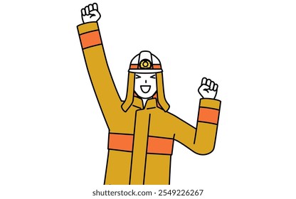 Bombero en uniforme de bomberos saltando con deleite alegre, Ilustración vectorial