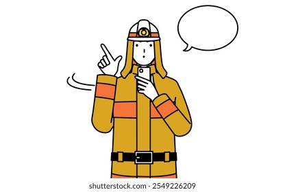 Firefighter in fire uniform operating a smartphone, Vector Illustration