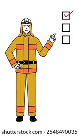 Firefighter in fire uniform pointing to a checklist, Vector Illustration