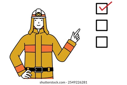 Firefighter in fire uniform pointing to a checklist, Vector Illustration