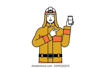 Firefighter in fire uniform recommending cashless online payments on a smartphone, Vector Illustration