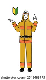 Firefighter in fire uniform showing the symbol for young leaves, Vector Illustration