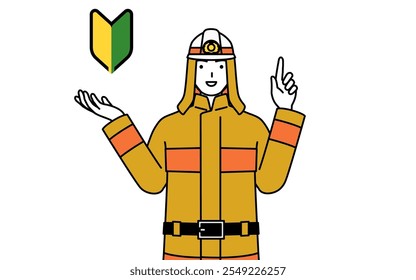 Firefighter in fire uniform showing the symbol for young leaves, Vector Illustration