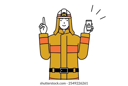 Firefighter in fire uniform taking security measures for his phone, Vector Illustration