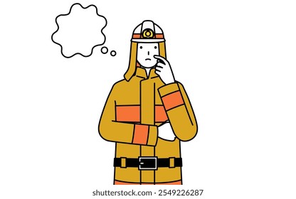 Bombero en uniforme de fuego pensando mientras se rasca la cara, Ilustración vectorial