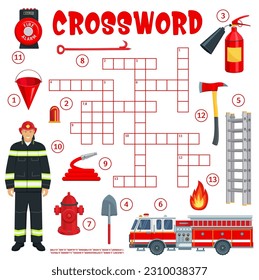 Firefighter and firefighting equipment crossword grid worksheet. Find a word quiz game. Cartoon vector grid with extinguisher, bucket, shovel, ladder and truck. Hydrant, hose, fireman, alarm and axe