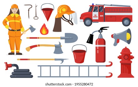 Firefighter and firefighting equipment flat pictures collection. Cartoon fireman, ladder, hose, shovel, loudspeaker, hydrant isolated vector illustrations. Emergency department and rescue concept