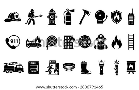 Firefighter and firefighting equipment icons set, vector illustration of fire department tools, emergency services, fire safety gear, and protection equipment