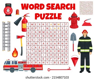 Equipo de bomberos y de extinción de incendios en la hoja de trabajo del juego del puzzle de búsqueda de palabras. Cuadrícula de preguntas para niños, rompecabezas de texto o juego lógico de vectores infantiles de kindergarten con tareas de búsqueda de palabras y camión de bomberos, herramientas de lucha contra incendios