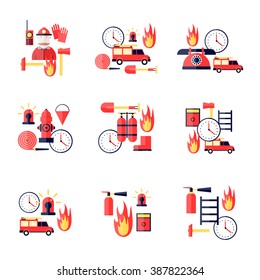 Firefighter, firefighting tools. Fire truck. Flat style vector illustration.