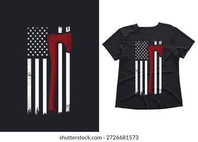 Bombeiro, Bombeiro, Bandeira Americana, Fina Linha Vermelha, Machado, Corpo de Bombeiros, Patriótico, EUA, Estados Unidos, First Responder, Combate a Incêndios, Herói, Resgate, Angustiado, Grunge, Design de camiseta, Ilustração, Vetor, Fundo Preto, Bombeiro Machado