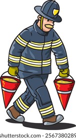 Firefighter or fireman with buckets of sand