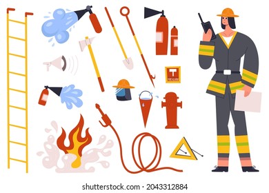 Firefighter, fireman character with fire fighting equipment tools. Fireman in uniform with fire hose hydrant, fire extinguisher vector illustration set. Fireman character and firefighter elements