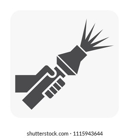 Firefighter or fireman and equipment tool vector icon consist of fire hose pipe, hand, nozzle, high pressure of jet water spray. To training, fire fighter or rescue in emergency accident for safety.
