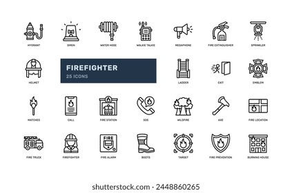 firefighter fireman flame emergency danger detailed outline line icon set