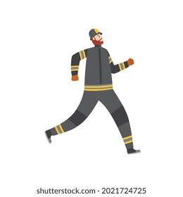Firefighter or fireman male cartoon character hurrying to extinguish a fire in protective uniform suit, flat vector illustration isolated on white background.