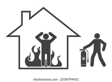 firefighter fireman person with fire extinguisher puts out a fire in house icon