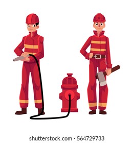 Firefighter, fireman in red protective suit holding fire hose and axe, cartoon vector illustration isolated on white background. Full length portrait of two firefighters, firemen at work