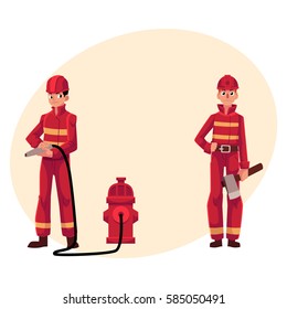 Firefighter, fireman in red protective suit holding fire hose and axe, cartoon vector illustration with place for text. Full length portrait of two firefighters, firemen at work