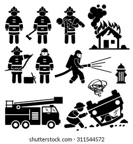 Firefighter Fireman Rescue Stick Figure Pictogram Icons