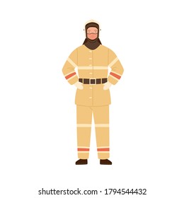 Firefighter, fireman, rescuer man in fireproof protective suit, clothes, uniform and helmet. Emergency services worker, profession. Flat vector cartoon illustration isolated on white background.